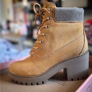 Women’s timberland style boots with sequin tops. Brand new, never worn.